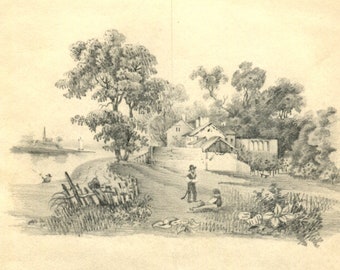 Pencil Drawing of a River and Large House in The English Countryside, Hand Drawn Victorian Antique on Paper with man FISHING