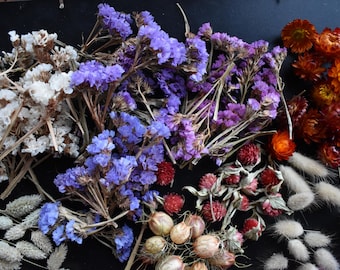 120 Dried Flower Heads & Stems: Strawflower, Limonium, Globe Amaranth