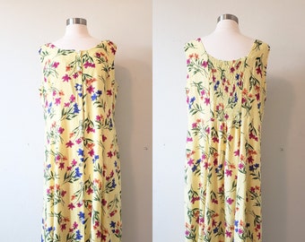 XL vintage dress plus size vintage dress rayon dress yellow floral dress vintage midi dress plus size cottagecore dress grandmacore dress