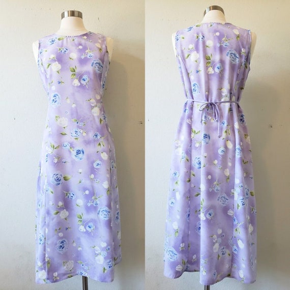 Retro Dark Night Purple Floral Art Printed Vintage Chic Pleated Waist Slip Midi Dress main image 0