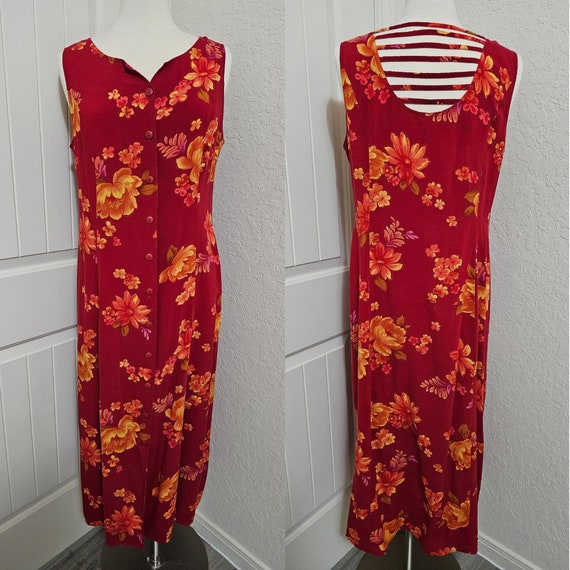 Womens Red Midi Dress Casual Red Midi Dress Floral Red Midi Dress Fall Floral Midi Dress Autumn Floral Midi Dress Red Floral Midi Dress