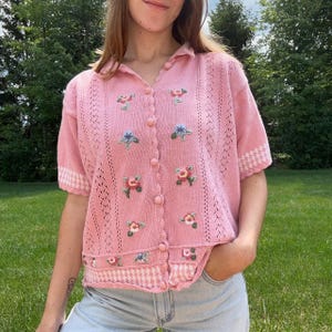 Romantic sweater vintage cottagecore sweater cottagecore cardigan feminine top short sleeve pink sweater summer sweater grandmacore shirt