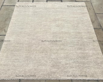Hand Knotted Light Grey Wool Rug Modern Minimalist Solid Textured Contemporary Living Room Decor