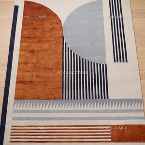 Tapis de salon moderne bleu marine géométrique en laine tufté main en terre cuite bleu marine