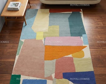 Abstract Modern Multi Color 100% Pure Wool Mid Century Modern Living Room Area Rug