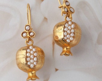 Handmade Pearl Pomegranate Earrings: 18k Gold Brass Jewelry