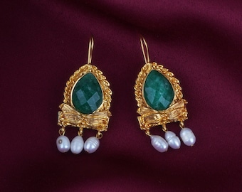 Orecchini autentici fatti a mano, orecchini lampadario verde, orecchini di pietra verde, orecchini verdi, orecchini verdi Boho