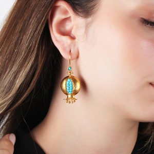 Handmade Pomegranate Earrings: 18k Gold Brass, Turquoise Jewelry