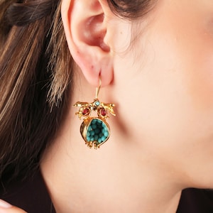 Handmade Pomegranate Earrings: 18k Gold Brass, Gemstone Jewelry