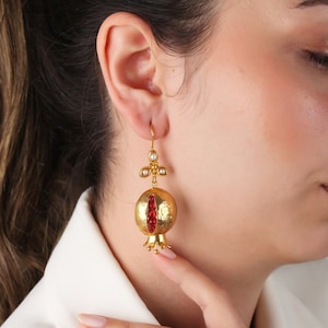 Handmade Pomegranate Earrings: 18k Gold Brass Jewelry