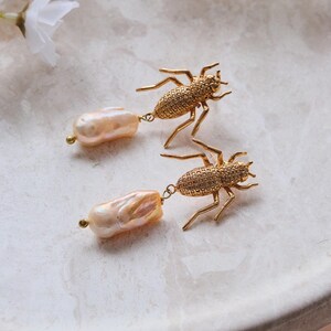 Gold Beetle Pearl Earrings: Turkish Handmade Jewelry