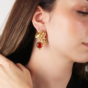Handmade Gold Pomegranate Earrings: Gemstone Fruit Jewelry