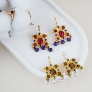 Handmade Ottoman Earrings: Gemstone 18k Gold Plated Turkish Jewelry