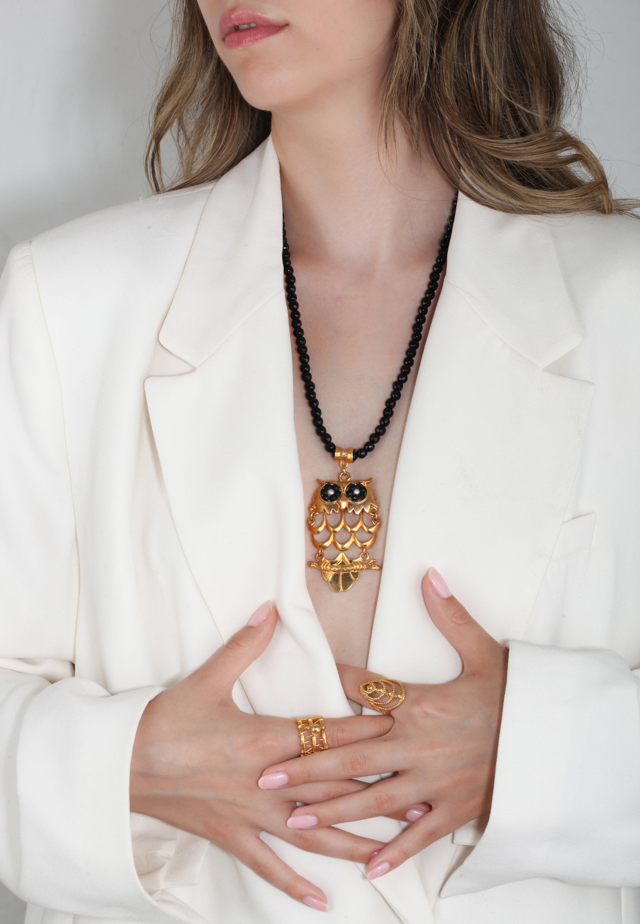 Owl Necklace, Black Gemstone Necklace, Gold Black Necklace, Owl Necklace for Women, Gold Owl Necklac
