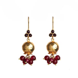 Handmade Pomegranate Earrings: 18k Gold Brass, Gemstone Jewelry