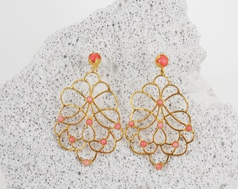 Handmade Coral Earrings, Coral Gold Earrings, Handmade Gemstone Earrigs, Coral Earrings for Women, Vintage Coral Earrings