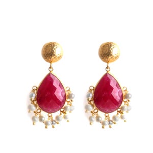 Handmade Ottoman Earrings: Ruby & Pearl, 18k Gold Turkish Jewelry