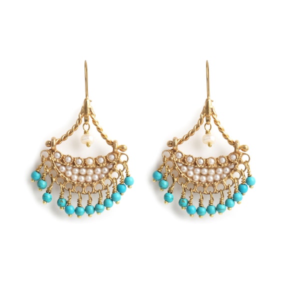 Boucles d'oreilles turquoises faites main, Boucles d'oreilles turques faites main, Boucles d'oreilles pendantes, Boucles d'oreilles faites main, Boucles d'oreilles en or, Bijoux turcs, Boucles d'oreilles en perles