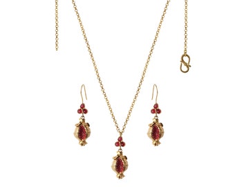 Granatapfel Schmuck Set: Gold Messing Ohrringe & Kette