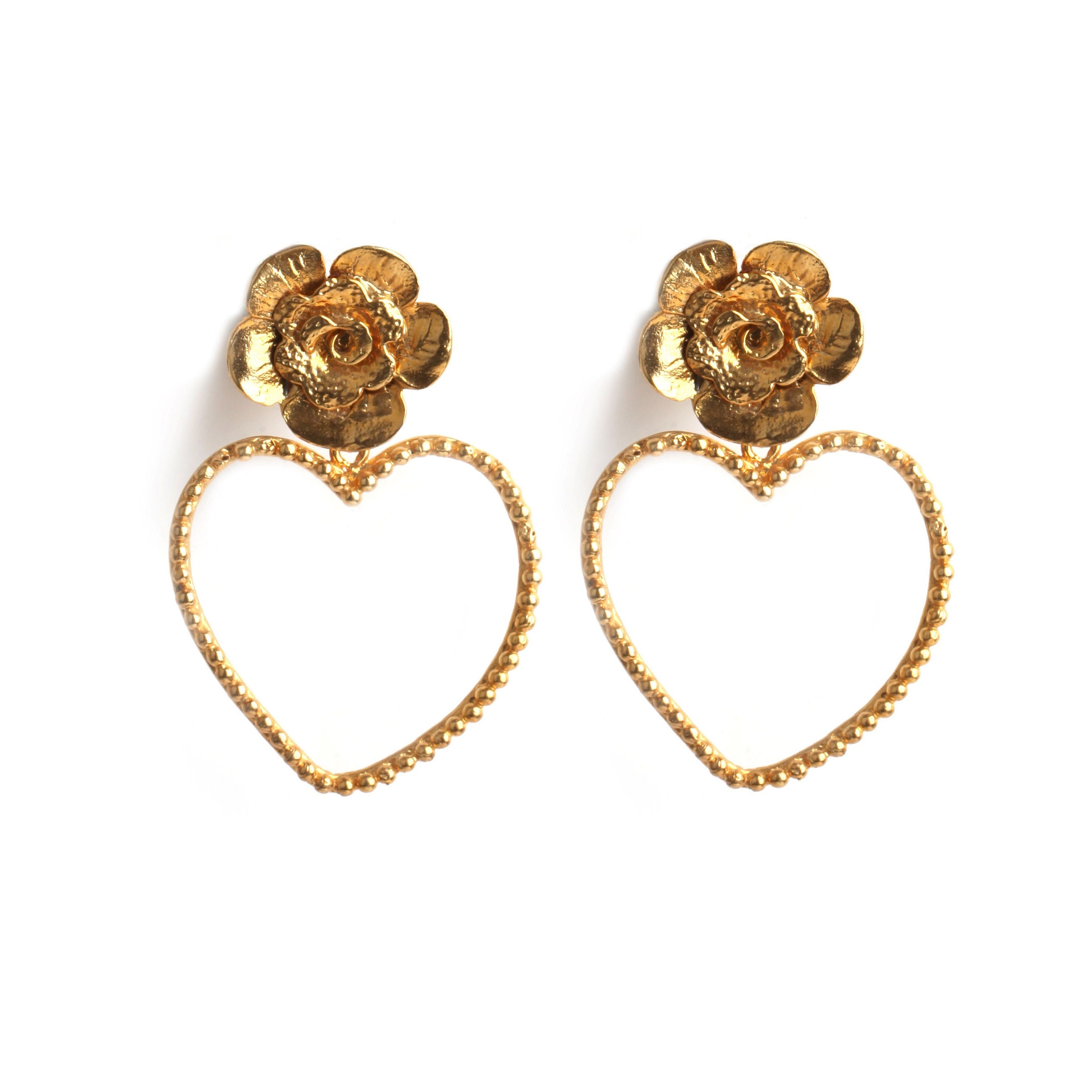 Handmade Gold Flower Heart Earrings: Turkish Design Jewelry