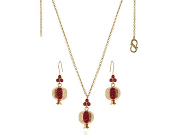 Granatapfel Schmuck Set: Gold Messing Ohrringe & Kette