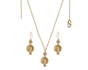 Granatapfel Schmuck Set: Gold Messing Ohrringe & Kette