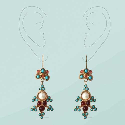 Boucles d'oreilles pendantes turquoises faites main : bijoux turcs en plaqué or