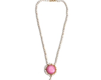 Handmade Pink Gemstone Pearl Necklace: 18k Gold Plated Brass