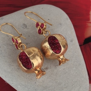 Handmade Pomegranate Earrings: 18k Gold Brass Jewelry
