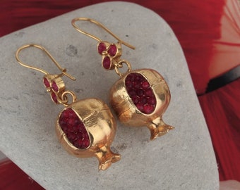 Handmade Pomegranate Earrings: 18k Gold Brass Jewelry