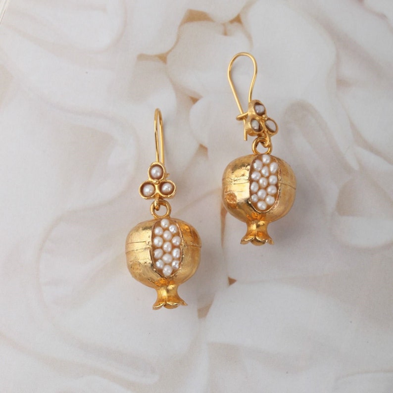 Pomegranate Earrings, Pearl Pomegranate Earrings, Pomegranate Jewelry, Handmade Earrings image 1