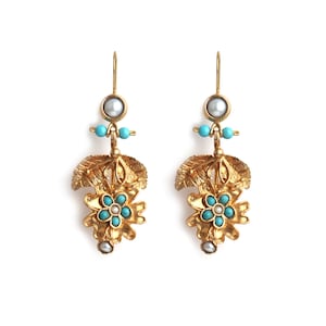 Handmade Turquoise Flower Earrings: Turkish Gold Plated Jewelry