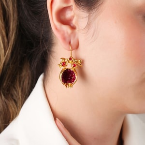 Handmade Pomegranate Earrings: 18k Gold Brass, Gemstone Jewelry
