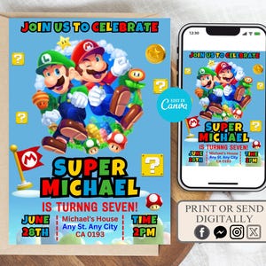 Bearbeitbare Mario Bros-Einladung, Super Mario-Geburtstags-Einladung, druckbare Geburtstagseinladung, Mario Bro-Einladung, druckbare Mario-Einladung