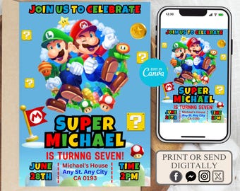 Invitación editable de Mario Bros, invitación de cumpleaños de Super Mario, invitación de cumpleaños imprimible, invitación de Mario Bro, invitación imprimible de Mario