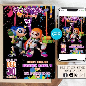 Convite de aniversário Splatoon, convites para festa de aniversário para impressão, modelo de convite digital para festa infantil, convite digital editável para crianças