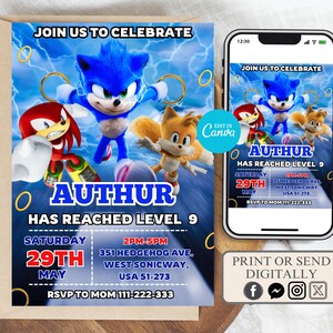 ソニックの誕生日招待状、素晴らしい！ソニック・ザ・ヘッジホッグパーティー、子供向け招待状、デジタル子供向け編集可能パーティー招待状テンプレート、男の子と女の子の招待状
