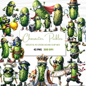 42 Pickles, Characters, Digital Prints, Watercolor Clip art, Cute clipart, Pickle, pickle clip art, commercial use, instant download,