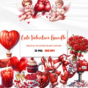 Cute Valentine Clipart Bundle, Valentines Day PNGs, Cute Animals, Love Letter, Heart Balloons, Digital Instant Download, Commercial Use