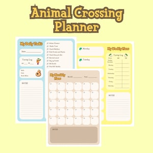 May include: A printable Animal Crossing planner with sections for daily tasks, weekly plans, and a monthly calendar. The planner features a light blue, yellow, and brown colour scheme with illustrations of Animal Crossing characters.