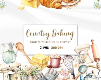 Watercolor Baking Clipart: Kitchen Utensils, Cooking Elements (Digital Download)