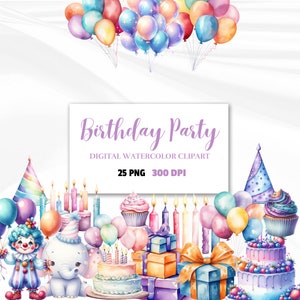 Lot de 25 cliparts aquarelles pour gâteau de fête d&#39;anniversaire, ballons, collection Happy Birthday, invitations de cartes d&#39;anniversaire, usage commercial