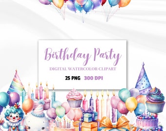 Akvarell födelsedagsfest Clipart-paket: Tårta, ballonger, presenter (digital nedladdning)