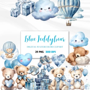 Aquarelle Teddy Bear Clipart Bundle, Baby Shower pour un garçon, Utilisation commerciale, PNG transparents, Aquarelle Sleeping Teddy Bear