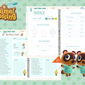 Peut inclure: Un planificateur imprimable pour les joueurs d'Animal Crossing: New Horizons. Le planificateur comprend des sections pour les tâches quotidiennes, les notes, une critterpedia et des collections. La couverture présente le logo d'Animal Crossing et le texte "Bienvenue dans New Horizons".