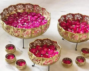 Lotus Urli with Stand Pot for Floating Flower, Candle Festive Decor 14/12/10 Size with Stand and 7 Votives Small Bowl 3.5 inches Each Golden