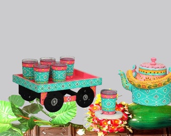 Hand painted beautiful tea set, indian decor, Morning Tea Pot, Gift for Her, Tea Lovers Gift, gift for friend, (6 Glass With Wooden Kart)