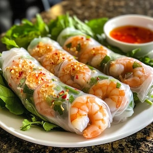 Puede incluir: Cuatro rollitos de primavera transparentes rellenos de gambas, cilantro y copos de pimiento rojo, servidos en un plato blanco con un pequeño cuenco de salsa roja para mojar.