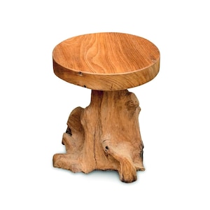 May include: A small, rustic wooden side table. The round tabletop is made of light brown wood, supported by a natural, textured tree stump base. The table is a unique piece of furniture, perfect for a living room or bedroom.