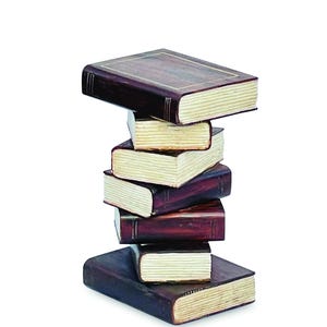 May include: A vertical stack of six rectangular books with dark brown covers and visible gold-toned line detailing on the edges. The pages of each book are depicted in a light cream colour with a textured appearance, creating a layered column structure.
